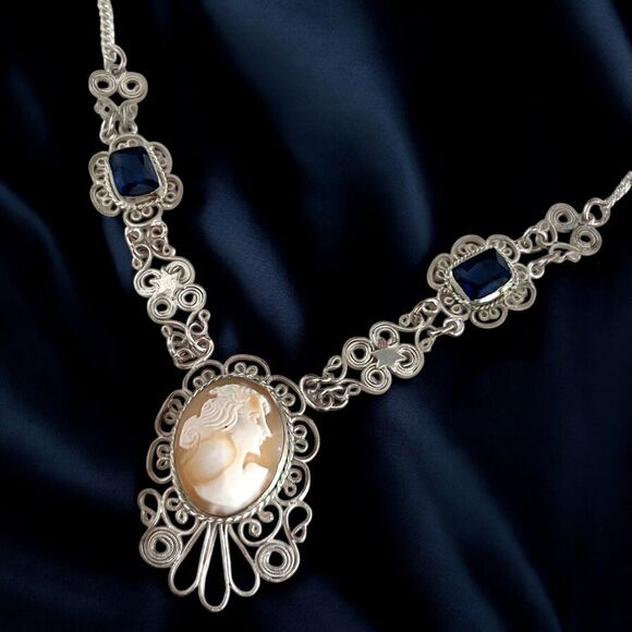 Vintage Hand Carved Cameo Necklace Filigree Victorian Revival Bezel Set Glass 9H - Picture 1 of 16